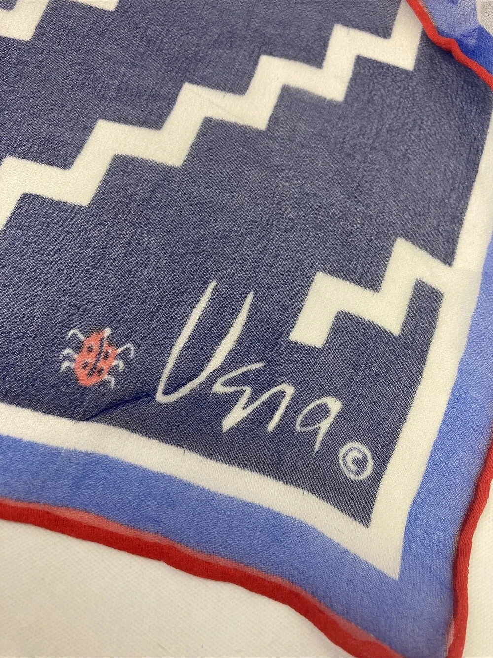 VTG Vera Neumann Ladybug Sheer Scarf Red White Blue Geometric Patriotic Zig Zag